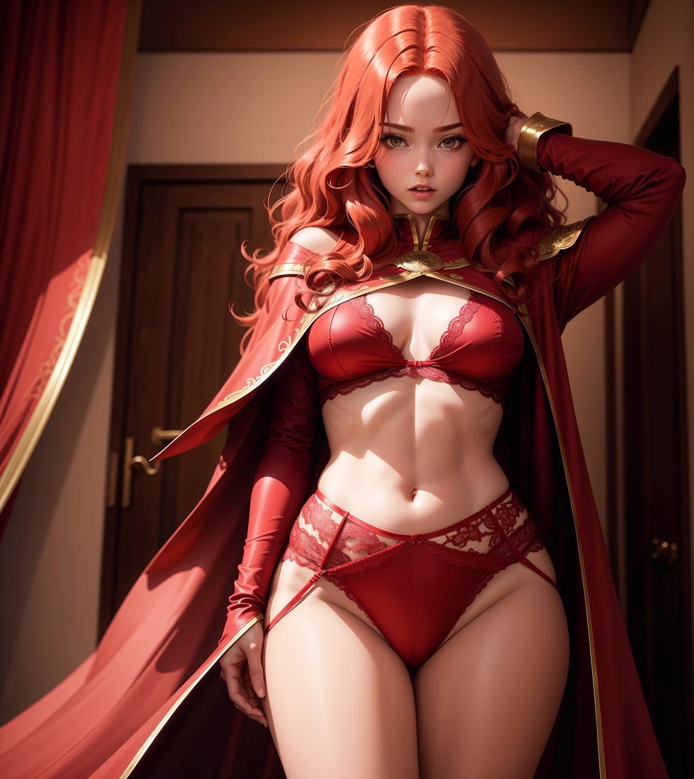 , wearing red lingerie, RED PANTIES WITH GOLD, Long red hair, RED HAIR, STAND UP, LARGE PURPLE COVER, wearing cape