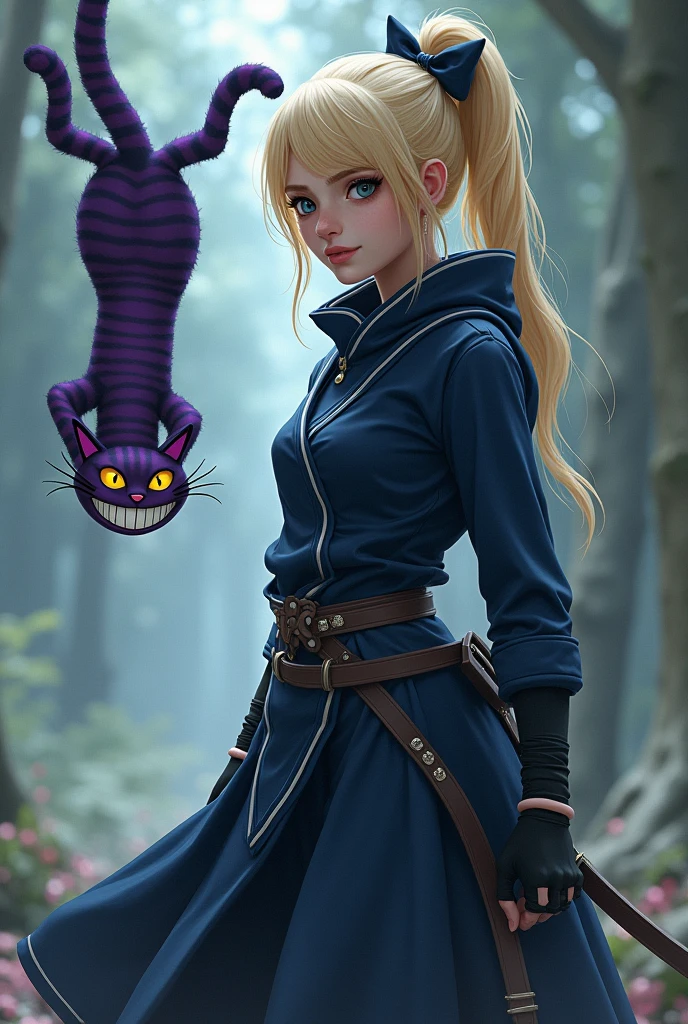 A depiction of Alice and the Smiling Cat, from alice in wonderland. As if Alice was a ninja with a dark blue outfit and white details, Blonde hair and a bow. The cat being your guardian spirit, floating in the air upside down, as if lying down, dark purple in color, striped, with a squeaky smile and wearing a top hat