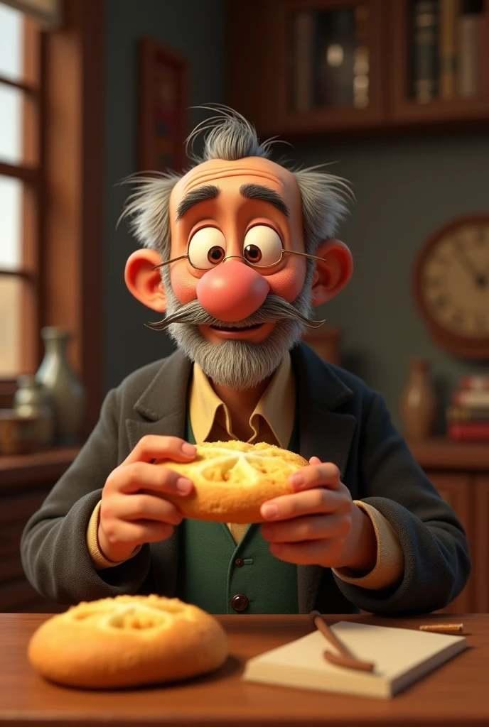 create a pixar of machado de assis (google photo) writer eating cheese bread