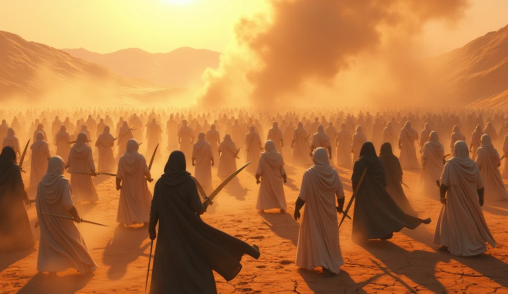 In a very hot desert and the sun is at noon, two armies are fighting in a fierce battlefield where swords fight each other. An army wearing white robes and an army wearing black cloaks.
Camera angle from above