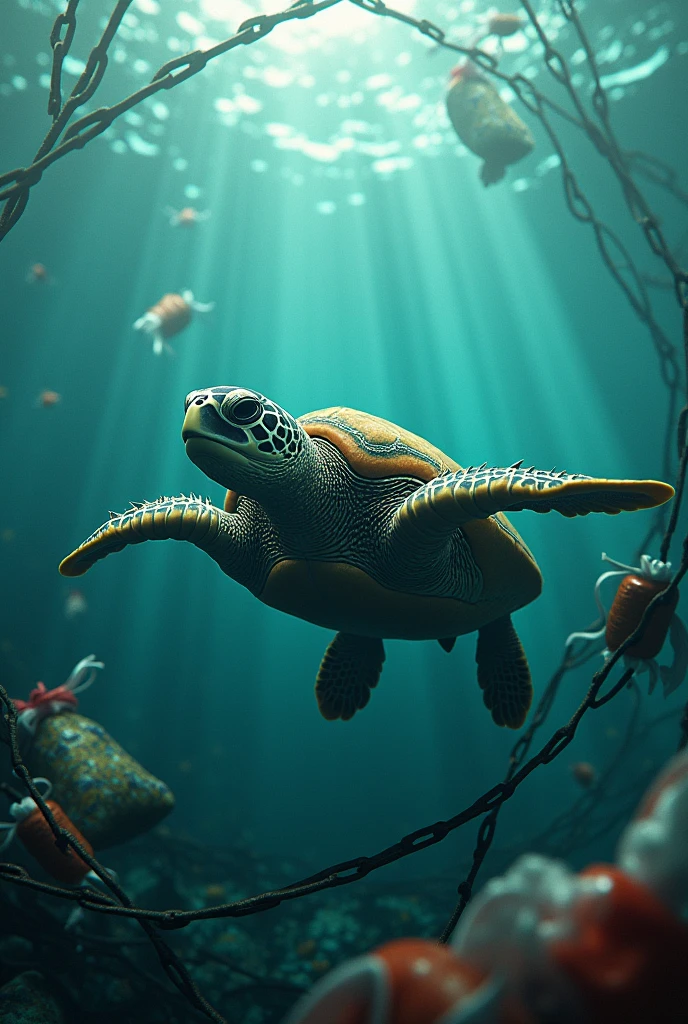 Tartaruga e lixo no mar mer e redes de pesca mer lixo, mer