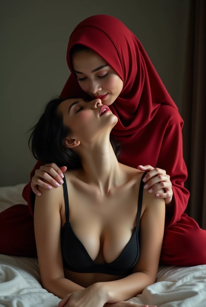 A woman wearing a hijab with large breasts in a black satin dress sleeps with a man