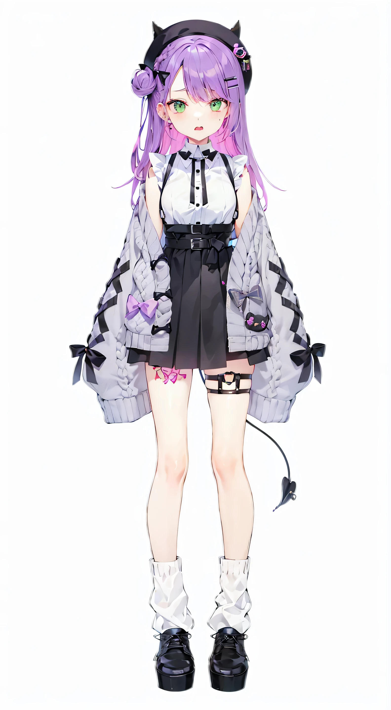 One person, High resolution, Twin tails、Light purple hair color、Inner color is pink、C cup breasts、Sleeveless dress shirt、Black bra、Black Pants、Green Eyes、Black beret、mini skirt、barefoot、loafers、Long hair to the waist、A worn out knit jacket、


Pause、front、M-shaped legs、Sit、

Blushing, Open your mouth, saliva, Sticking out tongue, 
