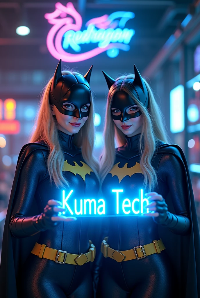 (photorealism:1.2),Two beautiful blonde women smiling shyly dressed as batgirl holding with both hands a blue neon sign that says Kuma Tech in a technological setting full of rgb mouse and in the sky it says redragon with neon light with a small dragon