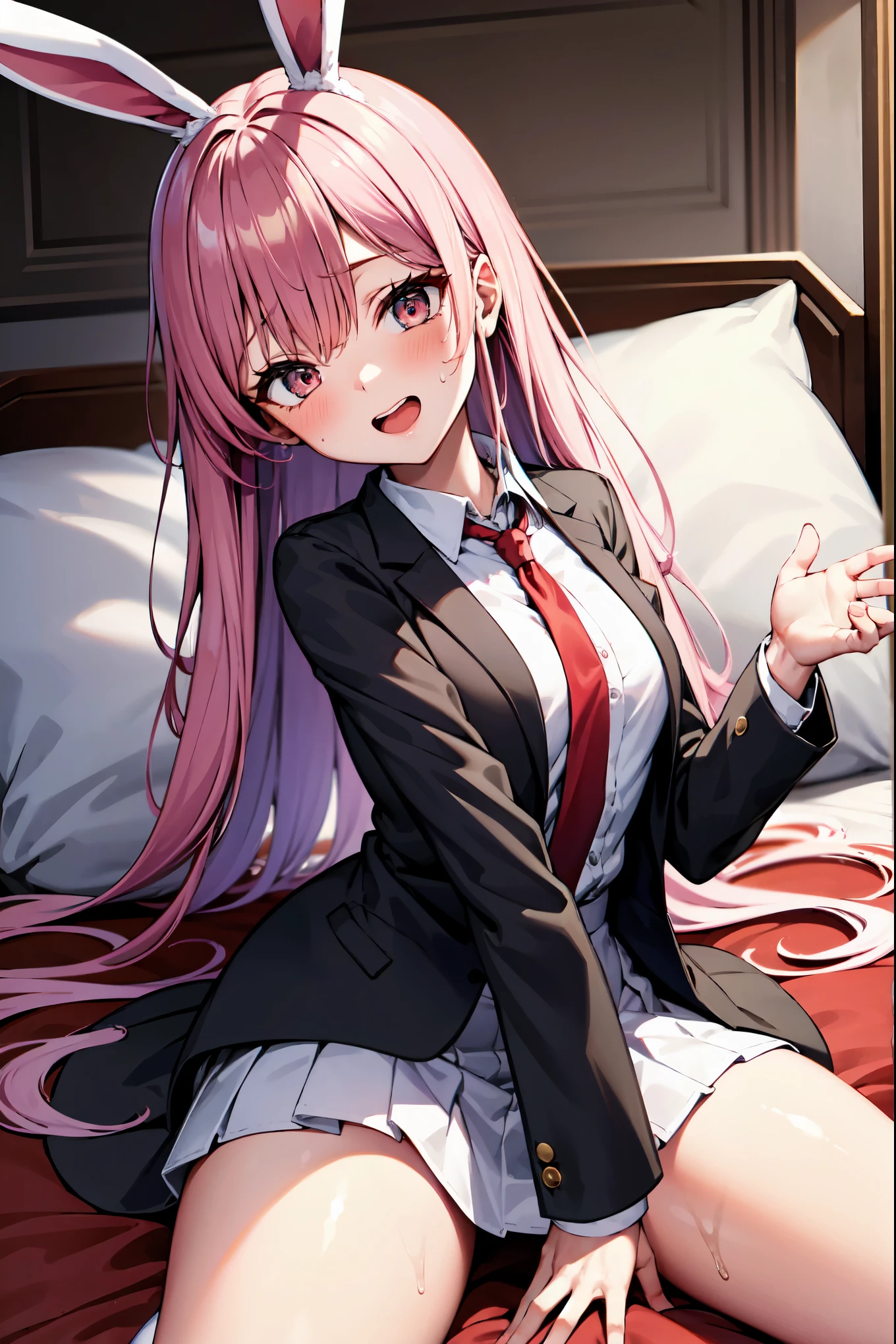 （（super high quality,Ultra-high resolution,16K,super masterpiece,Ultra HD,Ultra high definition,））One high school girl,White bunny ears,Very long straight purple hair,Slender body,Black blazer,An open white dress shirt,A long, untied red tie,Pink mini skirt,White socks,blush,Looking at me with an ecstatic expression,（（Lying down:1.5,Open your legs,Touching the crotch with hands:1.8,））Sweaty,Overflowing love juice,Dimly lit Japanese-style room,Pink futon,Angle looking up from below,