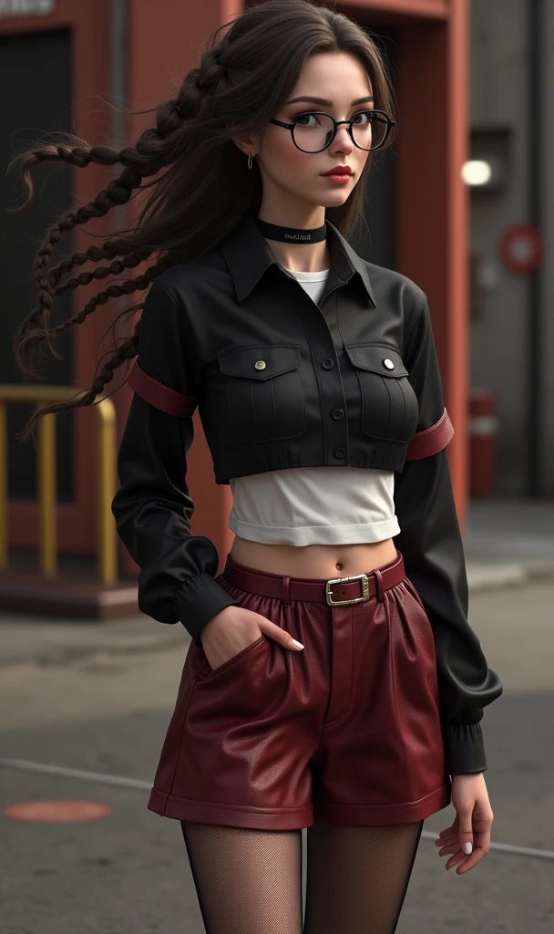 A girl, black fur, Glasses, cyberpunk, alone, high waistband, small bust, woman with braided brown hair, Sophisticated young woman, White T-shirt, black school shirt, sexy appearance