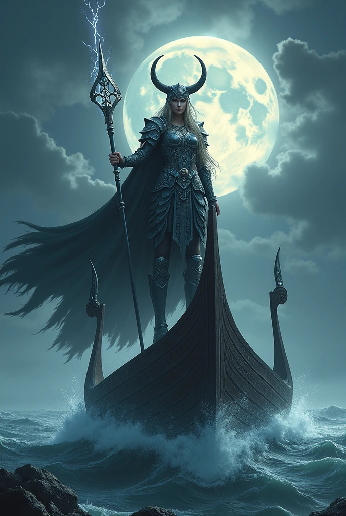 A fearsome Norse Valkyrie wearing intricate armor, wielding a glowing spear, standing atop a majestic Viking longship during a stormy night
