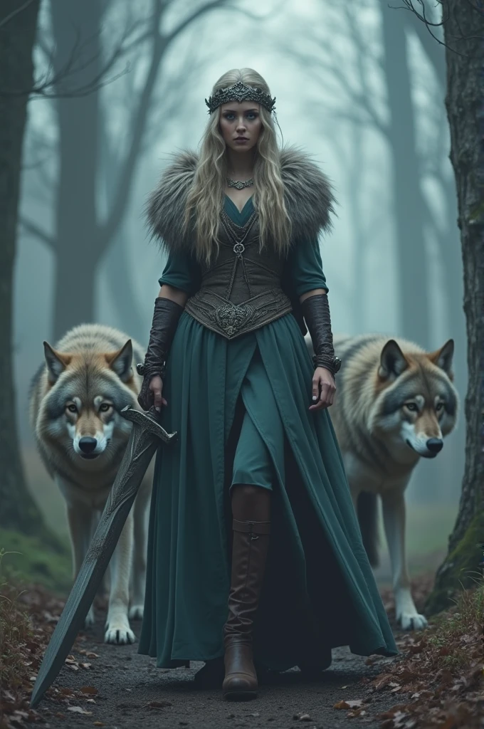 A Valkyrie in a setting where there are wolves , and she is holding a sword