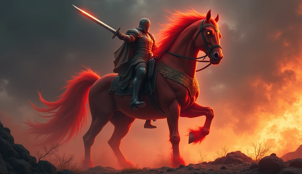 the red horse of the apocalypse with its mounted rider, holding a sword