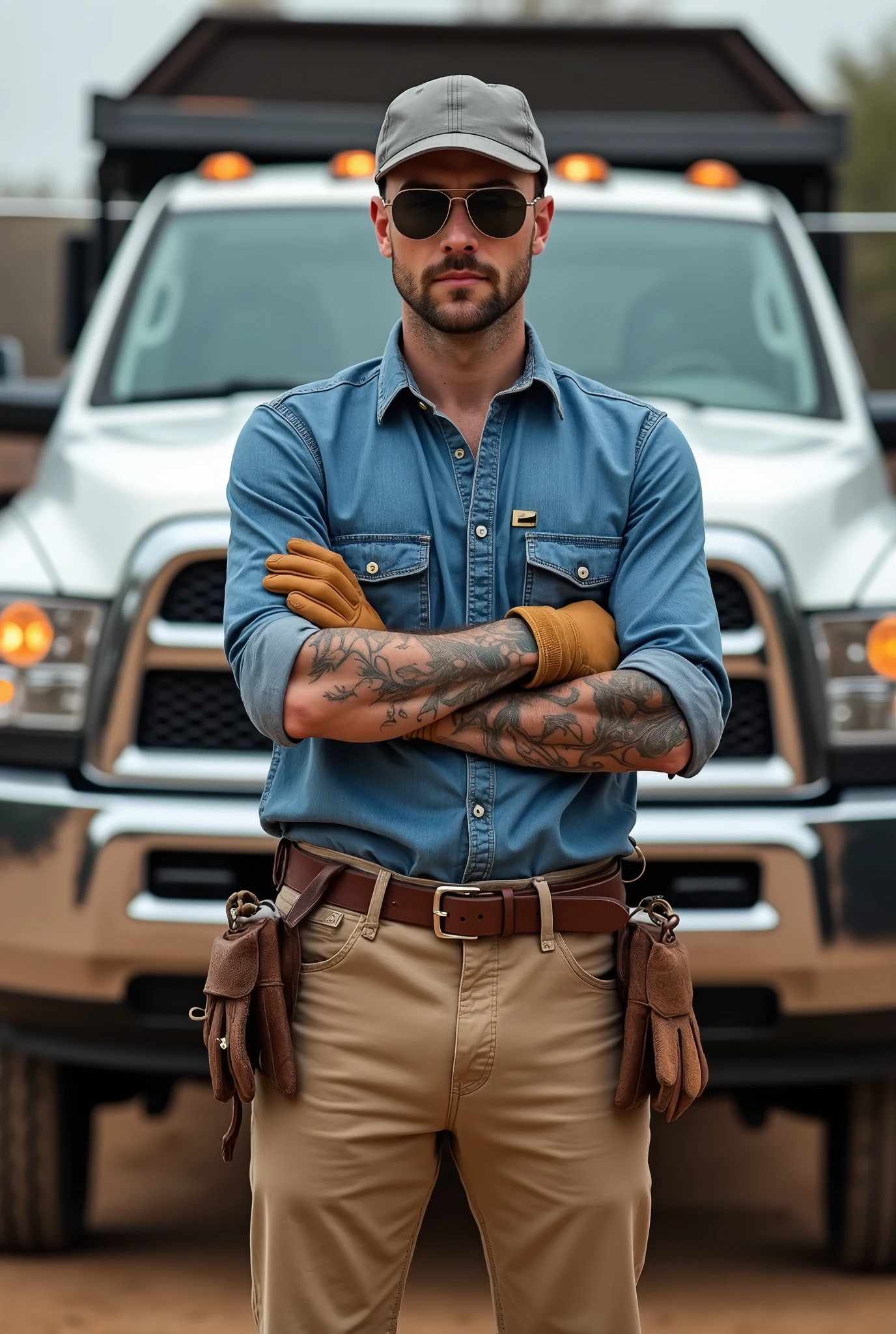 A thirty-year-old contractor, he stands 176cm tall, weighs 75 kg, he has short brown hair. He wears a grey cap, aviator sunglasses, a blue chambray shirt with rolled-up sleeves, tattoos apparent on both arms, a stainless wristwatch, tan leather work gloves, khaki chinos with a brown leather belt, and brown leather work boots stands in front of a RAM heavy duty crew cab with service body