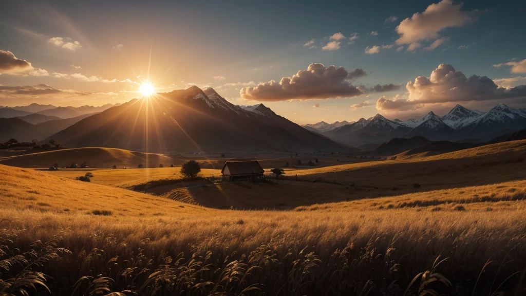Generate images of South American and European nature, add dark tones to the images, and a beautiful strong orange sun, focus on the sun in the images with an air of hope and faith... Size 16:9 thumbnail style, when you can fit it add a cross wood in the background in the images. research before you start, and reflect. add a cross if possible.
