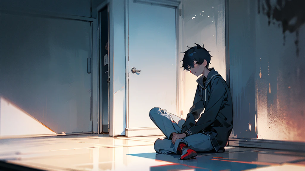 A teenage boy, around , with a slender build, sitting in his darkening room. Shadows seem to creep in, forming faint, eerie shapes around him. The atmosphere is tense, with a hint of unsettling whispers indicated by dark, swirling mist or lines.