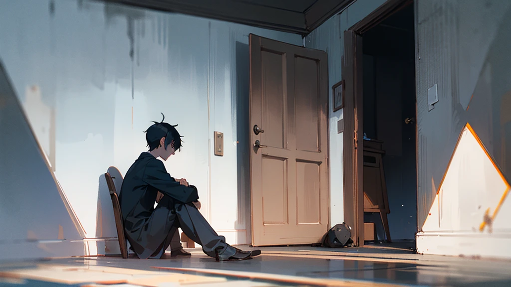 A teenage boy, around , with a slender build, sitting in his darkening room. Shadows seem to creep in, forming faint, eerie shapes around him. The atmosphere is tense, with a hint of unsettling whispers indicated by dark, swirling mist or lines.