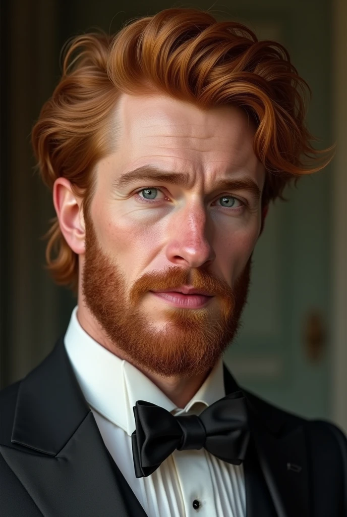 British. Handsome, husband and father. Full lips, straight nose, and a finely shaved beard and mustache. Light blue eyes and messy and long ginger hair. Dimples and Thick eyebrows and smooth and white skin
