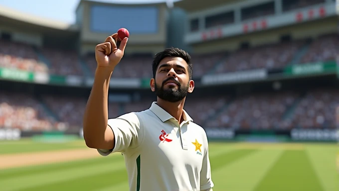 Babar Azam raising hand with cricket ball in hand and lead the team towards the pavillian after picking up 5 wicket haul in test match vs Bangladesh in Real Cricket 24