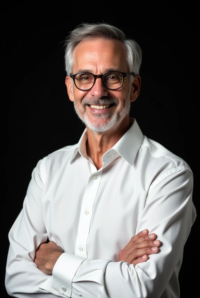 a smiling man with gray hair and stubble. He wears metal-framed glasses and is wearing a white long-sleeved dress shirt., buttoned up to the collar. The background of the image is completely black, further highlighting the figure of the man. He's facing the camera, with a friendly and welcoming expression