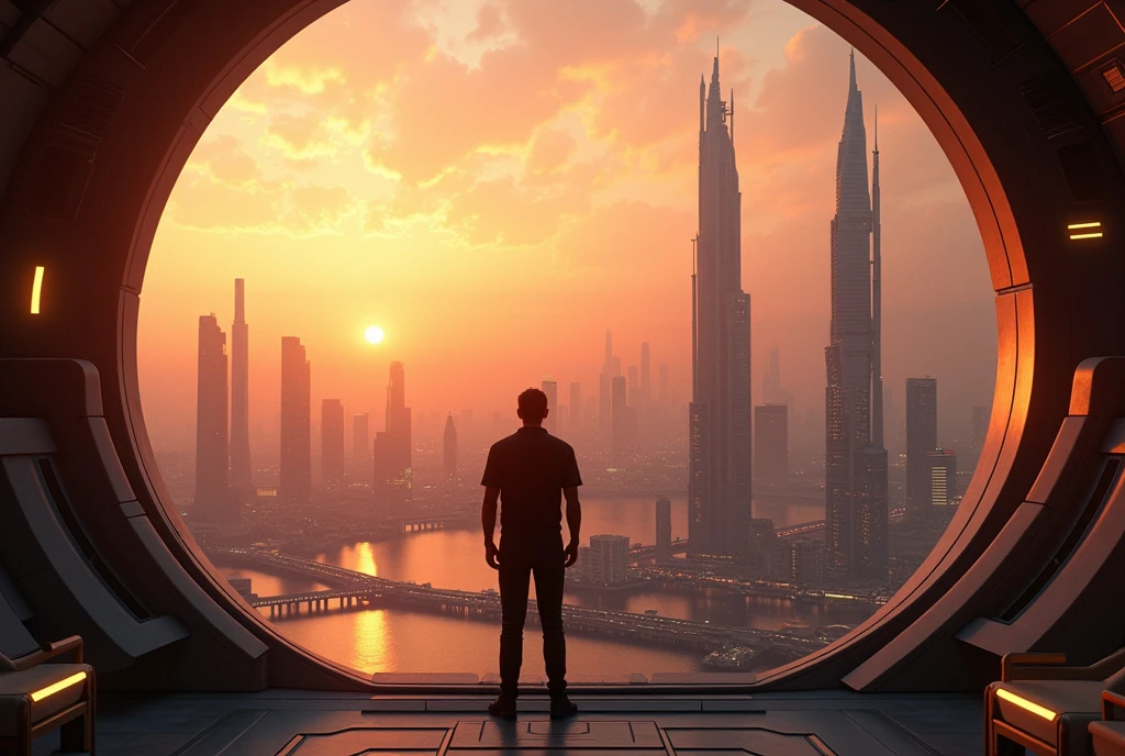Una foto super realist de una ciudad futurista con edificios altos futuristas de pelicula de star trek, I'm standing in my 15th floor apartment, watching the big city, Photo taken from behind the individual, 8k, UHD, realist, sunset background, golden hour, beautiful view, star trek movie background.