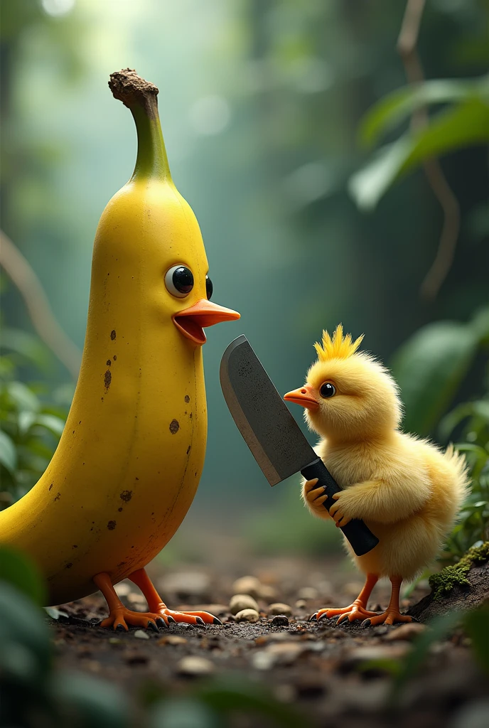 A realistic banana fighting a chick with a machete 