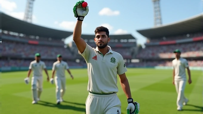 Babar Azam raising hand with cricket ball in hand and lead the team towards the pavillian after picking up 5 wicket haul in test match vs Bangladesh in Real Cricket 24
