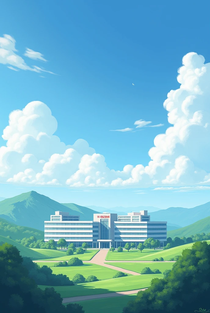 Make me a simple real picture of a beautiful sky and a landscape very big hospital as a background. Make it very very simple, yet elegant. Make it an impressionism art. 