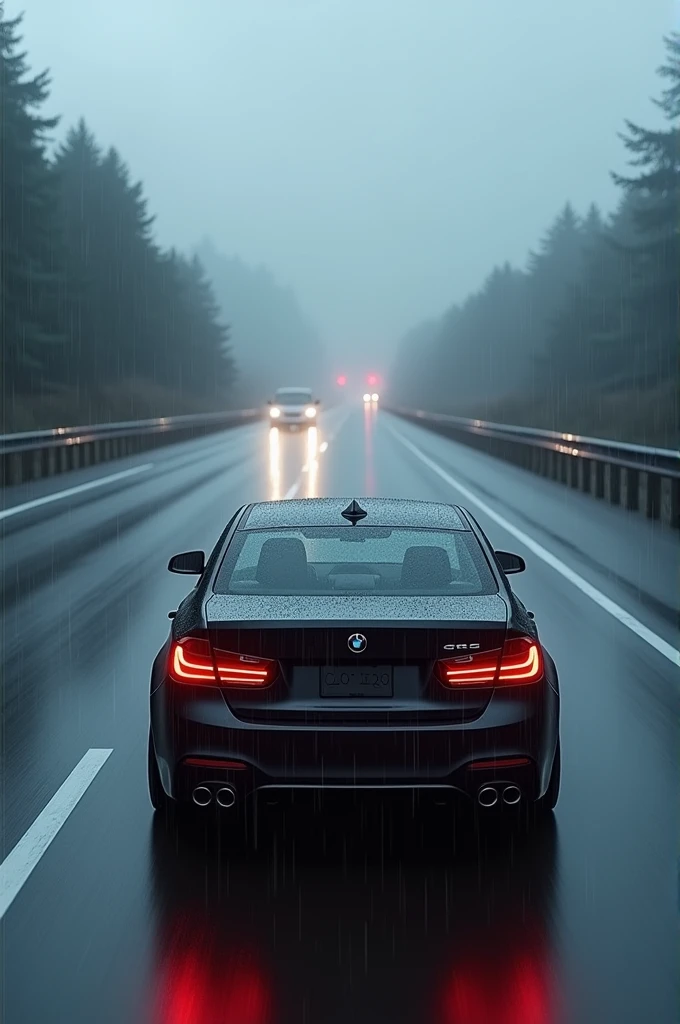 Car on highway in the rain 