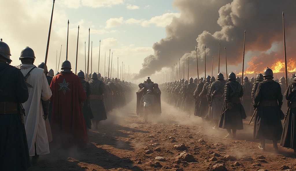 Two armies clash, one in white and one in black, in a fierce duel.