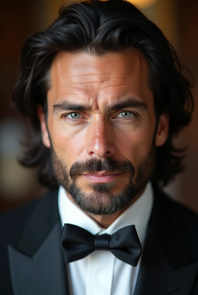 British. Handsome, husband and father. Full lips, straight nose, and a finely shaved beard and mustache. Light blue eyes and messy and long black hair.  Dimples and Thick eyebrows and smooth and white skin