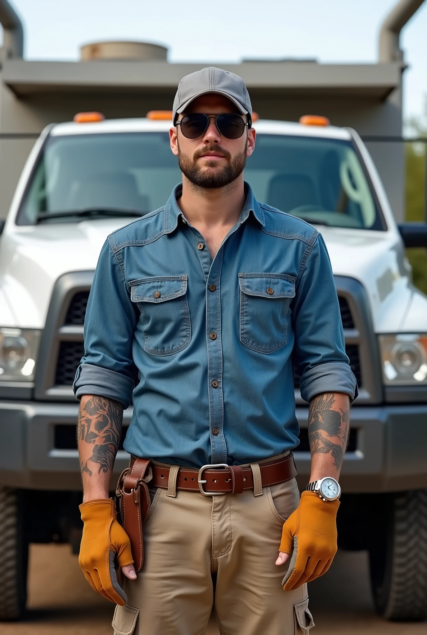 A thirty-year-old contractor, he stands 176cm tall, weighs 75 kg, he has short brown hair. He wears a grey cap, aviator sunglasses, a blue chambray shirt with rolled-up sleeves, tattoos apparent on both arms, a stainless wristwatch, tan leather work gloves, khaki chinos with a brown leather belt, and brown leather work boots stands in front of a RAM heavy duty crew cab with service body