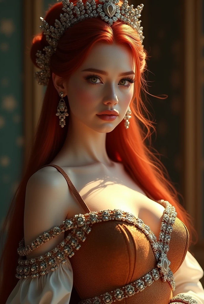 a standing pose character, hyperrealistic, 1girl, beautiful detailed eyes, beautiful detailed lips, extremely detailed face, long eyelashes, red hair, elegant dress, ornate jewelry, ornate headdress, intricate details, volumetric lighting, dramatic chiaroscuro, cinematic lighting, award-winning digital art, masterpiece, high quality, 8k, photorealistic, studio lighting, physically-based rendering, vibrant colors, warm color palette
