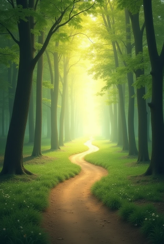 Path between Trees and Soft Light "Create an ebook cover image depicting a serene, winding path through a forest or woodland, with trees along the sides and soft light filtering through the leaves. The path must lead to a point of light on the horizon, symbolizing the discovery of essence and the journey of self-knowledge. Use soft, natural colors, like pale greens and yellows, to convey a sense of calm and renewal.
