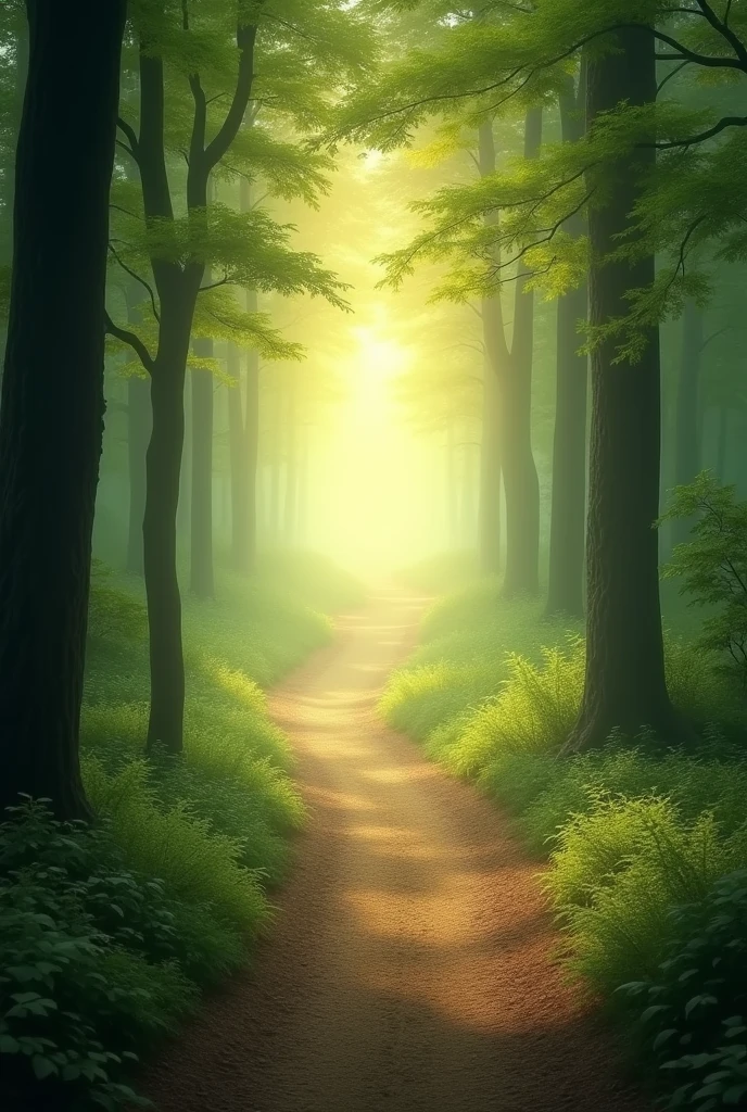 Path between Trees and Soft Light "Create an ebook cover image depicting a serene, winding path through a forest or woodland, with trees along the sides and soft light filtering through the leaves. The path must lead to a point of light on the horizon, symbolizing the discovery of essence and the journey of self-knowledge. Use soft, natural colors, like pale greens and yellows, to convey a sense of calm and renewal.
