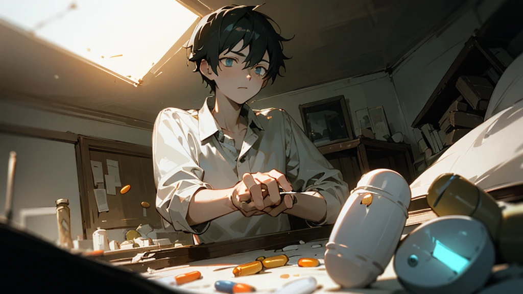 A teenage boy, around , with a slender build, holding a small, crumbling pill in his hand. The pill glows with an eerie light, contrasting against the dark background of his room. The scene is illuminated with a faint, unsettling glow coming from the pill.