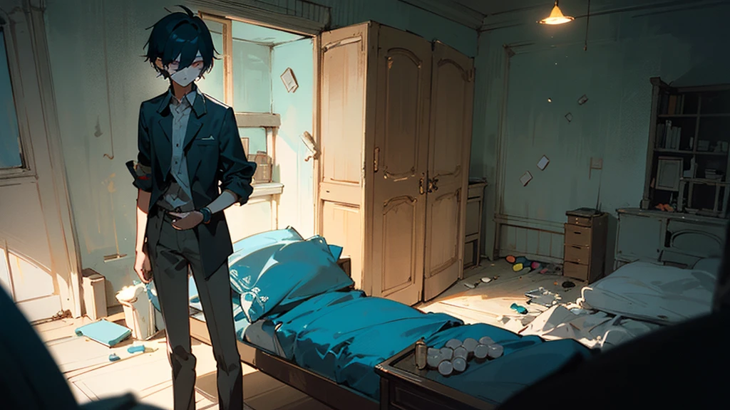 A teenage boy, around , with a slender build, holding a small, crumbling pill in his hand. The pill glows with an eerie light, contrasting against the dark background of his room. The scene is illuminated with a faint, unsettling glow coming from the pill.