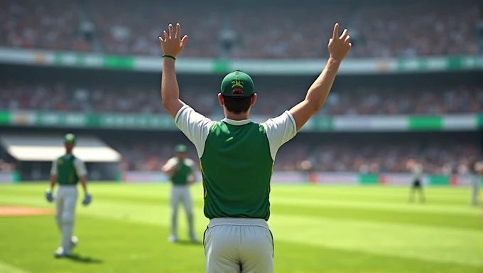Babar Azam raising hand with cricket ball in hand and lead the team towards the pavillian after picking up 5 wicket haul in test match vs Bangladesh in Real Cricket 24