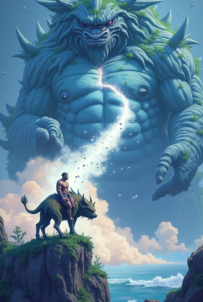 The artwork shows a strong, majestic beast with earthy textures and a sturdy build, standing atop a hill with vibrant greenery and rocky formations around it. A gentle glow emits from its body, symbolizing its connection to the Earth, while leaves and small rocks swirl around in the air, indicating its active presence.