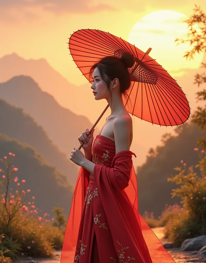 Create a digital illustration in 8K Ultra HD resolution,Depicts a young woman in her late teens or early twenties.。She stood on a quiet mountain path,The setting sun shines,Looking far away,Gently holding a traditional oil-paper umbrella in hand。The umbrella is decorated with elegant plum blossom patterns,Oily paper texture is real,Reveals detailed texture and shimmer in soft evening light。The woman looks weak and lovable,Exuding a fragile yet tough beauty。
Her outfit is inspired by Chinese TV series《Lotus Tower》Li Lianhua in,Emphasize her softness and gentleness。She wore a bright red strapless gown,This robe is brightly colored and full of layers,Exudes a warm and slightly tender feeling。The fabric shows changing luster under different lights,Emphasis on silk-like smoothness,And it presents a higher sense of reality when floating。
on the basis of robe,She also paired it with a bright red shawl,The color of the shawl is the same as the robe,And added detailed golden embroidery patterns on the shawl,Complements the embroidery of the gown。The silk is light and elegant,Swaying slightly with the wind,Adds elegance and classic flavor to the overall shape。
The embroidery patterns on robes and shawls are delicately rendered in gold lines,More detailed and gorgeous,Improve the sense of layering and detail realism,Delicately depict the elegance of traditional Chinese aesthetics。
She has a slender figure,Light movements,Skin is delicate and smooth as porcelain,Hair pulled into a bun casually,A few strands of fine hair fall naturally around her face,Adds a sense of soft beauty,The texture of hair seems real and touchable。
The woman's face is beautiful,Soft facial features,The eyes reveal deep longing and expectation。She looked back,There is a hint of surprise and desire in the expression,As if I thought my old friend had returned。Her eyes sparkled with tears in the sunset,Skin appears transparent and soft under the warm sunlight,The corners of the mouth are slightly raised,A trace of imperceptible sadness。However,At that moment, his expression quickly turned to disappointment.,Because the person she expected didn't show up。Even though she looks weak,But the eyes reveal a kind of independence and strong strength,As if in the years of living alone,She has learned how to go on with strength。
The background is set on a quiet mountain road,The afterglow of the setting sun dyes the entire scene with golden light and shadow。The light is real and warm,The mountains in the distance and the remaining clouds on the horizon look and beautiful。The path is lined with low bamboo forests and scattered wild flowers.,blowing with the evening wind,The texture and real details of bamboo leaves and wildflowers are clearly visible。The entire screen presents unparalleled resolution,Details remain clear and realistic even when zoomed in,Make this image look great on the big screen or up close,All display stunning picture quality。