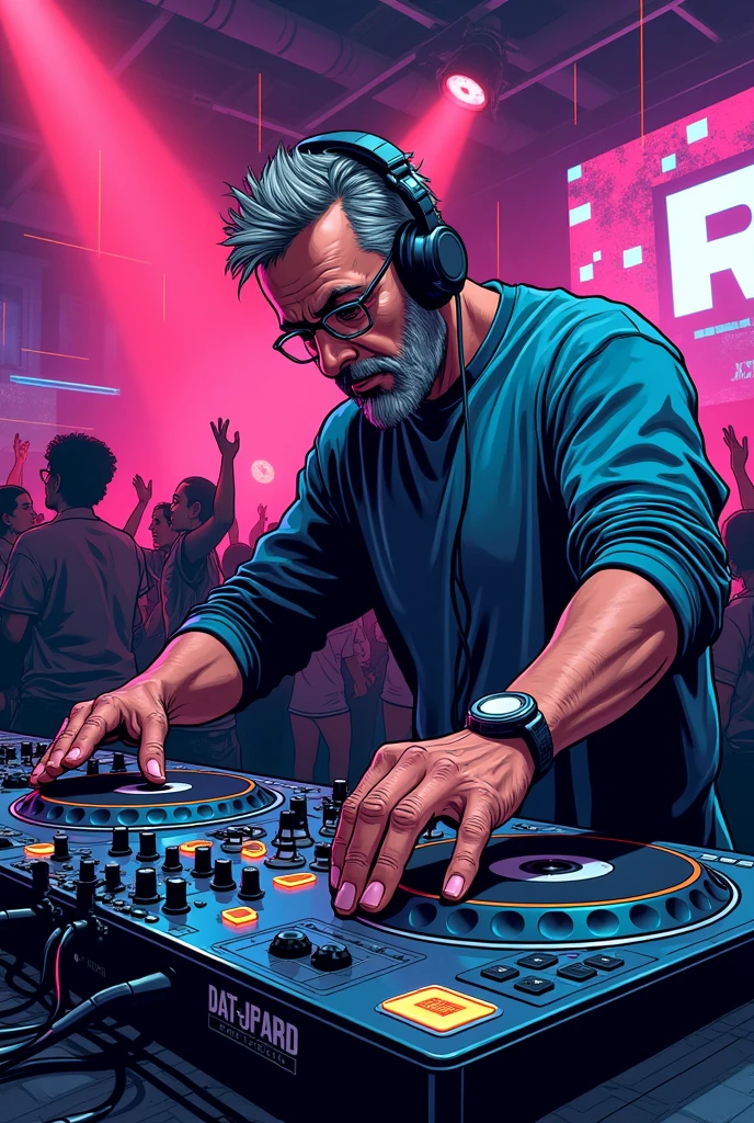 DJ, headphones, Techno, turntables, comic Style, No Commerce, Club, Techno Letter, Laser, middle older, Dancer,