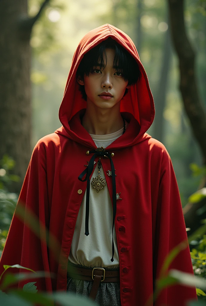 generate a realistic image using the face of bts kim taehyung dressed as little red riding hood, looking forward with a forest in the background