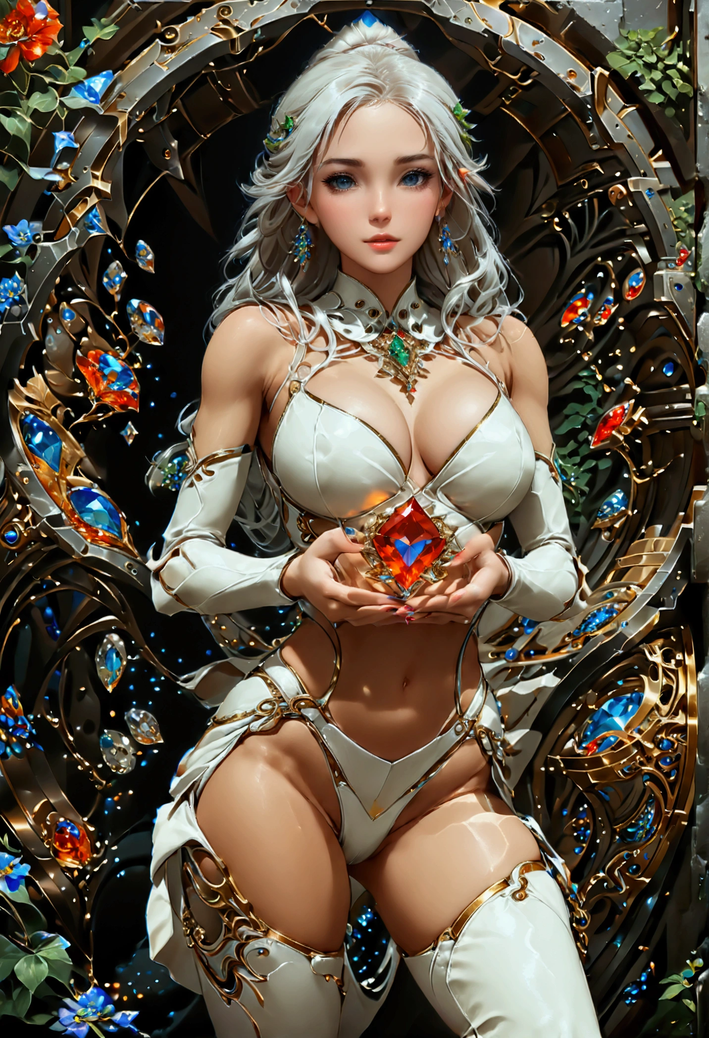 a fantasy epic illustration (Julie Bell Elmore style: 1.5)) of a drow elf thief holding a large diamond in a vault, a female drow  elf thief, full body, (small pointy ears), dynamic hair color, dynamic hair style,  ultra detailed face, wearing white leather leotard, white leather pants, busty, small cleavage, high heel boots, she is happy for reaching her goal, success, holding a large sized (red diamond: 1.3), brilliant diamond, many facets, many colors diamond, fantasy safe vault background, torchlight, vibrant, Ultra-high resolution, High Contrast, (masterpiece:1.5), highest quality, Best aesthetics), best details, best quality, highres, 16k, [ultra detailed], masterpiece, best quality, (extremely detailed) RAW, (ultra details, Masterpiece, best quality), art by mooncryptowow, Cinematic Shot