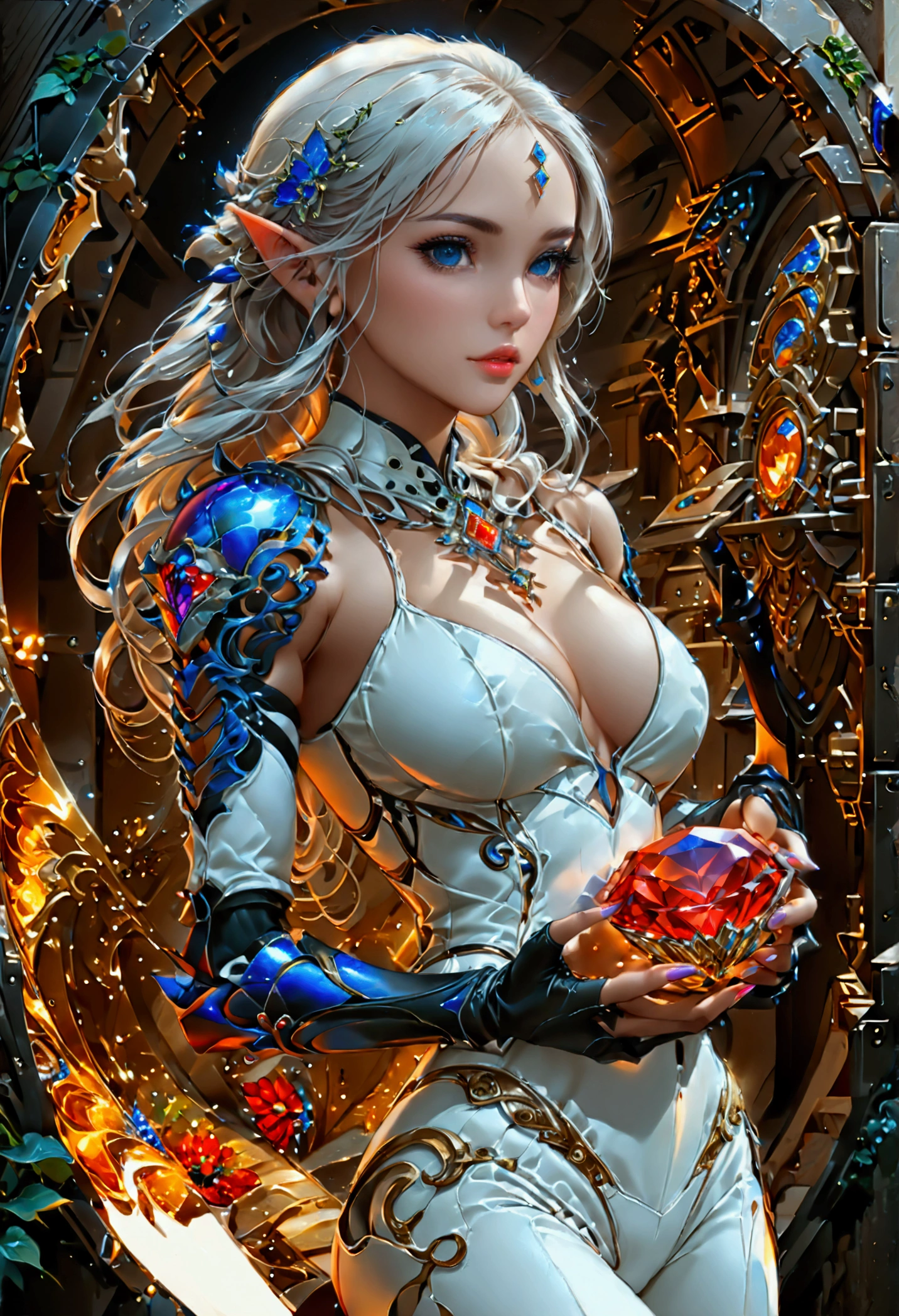 a fantasy epic illustration (Julie Bell Elmore style: 1.5)) of a drow elf thief holding a large diamond in a vault, a female drow  elf thief, full body, (small pointy ears), dynamic hair color, dynamic hair style,  ultra detailed face, wearing white leather leotard, white leather pants, busty, small cleavage, high heel boots, she is happy for reaching her goal, success, holding a large sized (red diamond: 1.3), brilliant diamond, many facets, many colors diamond, fantasy safe vault background, torchlight, vibrant, Ultra-high resolution, High Contrast, (masterpiece:1.5), highest quality, Best aesthetics), best details, best quality, highres, 16k, [ultra detailed], masterpiece, best quality, (extremely detailed) RAW, (ultra details, Masterpiece, best quality), art by mooncryptowow, Cinematic Shot