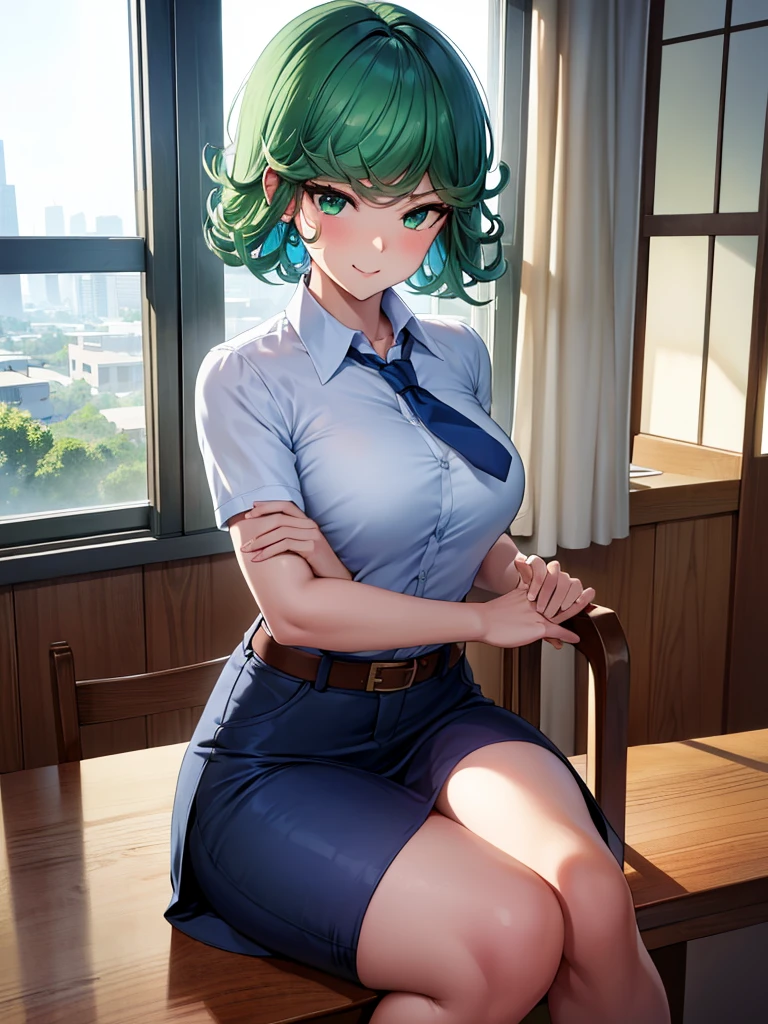 (high res, 8K, masterpiece, looking at viewer, best quality, very aesthetic, ultra detailed, ultra background, ultra Eyes) intricate details, 1girl, Tatsumaki, Chibi, short sleeved white shirt, Dark Blue short skirt, Pockets on the left chest, Dark Blue tie, Wearing a belt, White Hijab, green short hair, green eyes, Smile Face, Sit on the Chair, Background Windows, Clasroom, Cinematic Angle