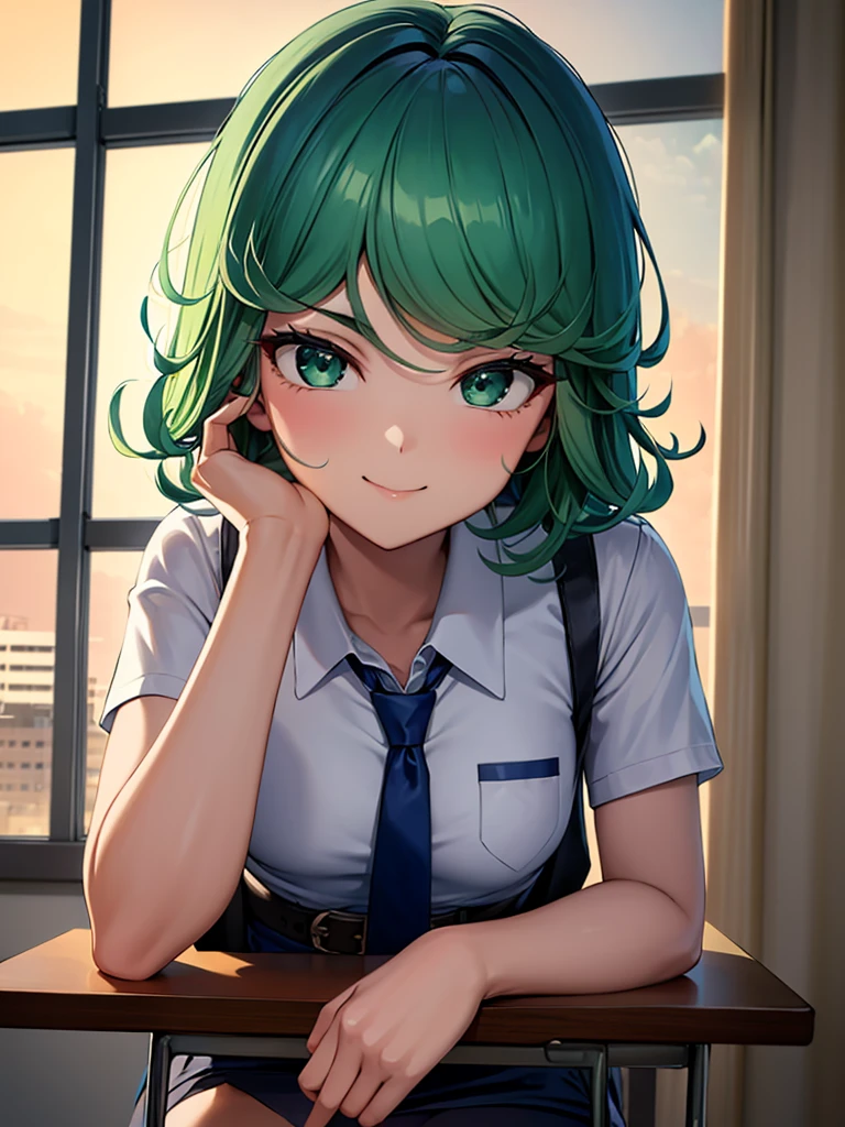 (high res, 8K, masterpiece, looking at viewer, best quality, very aesthetic, ultra detailed, ultra background, ultra Eyes) intricate details, 1girl, Tatsumaki, Chibi, short sleeved white shirt, Dark Blue short skirt, Pockets on the left chest, Dark Blue tie, Wearing a belt, White Hijab, green short hair, green eyes, Smile Face, Sit on the Chair, Background Windows, Clasroom, Cinematic Angle