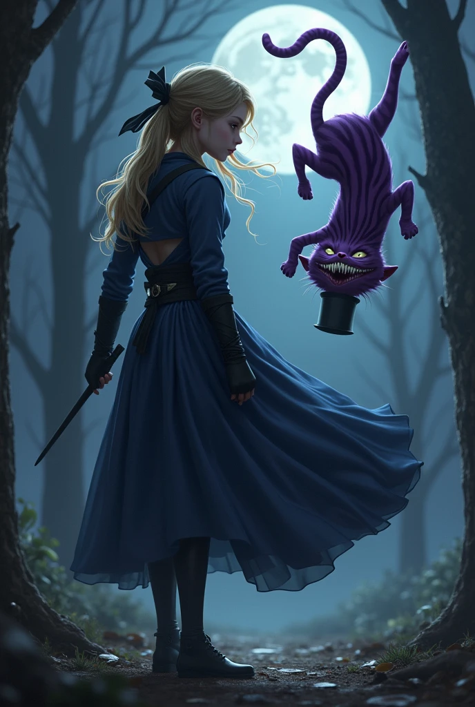 A depiction of Alice and the Smiling Cat, from alice in wonderland. As if Alice was a ninja with a dark blue outfit and white details, Blonde hair and a bow. The cat being your guardian spirit, floating in the air upside down, as if lying down, dark purple in color, striped, with a shrill smile, wearing a top hat on his head. em um ambiente escuro, like the night, lit only by the moon