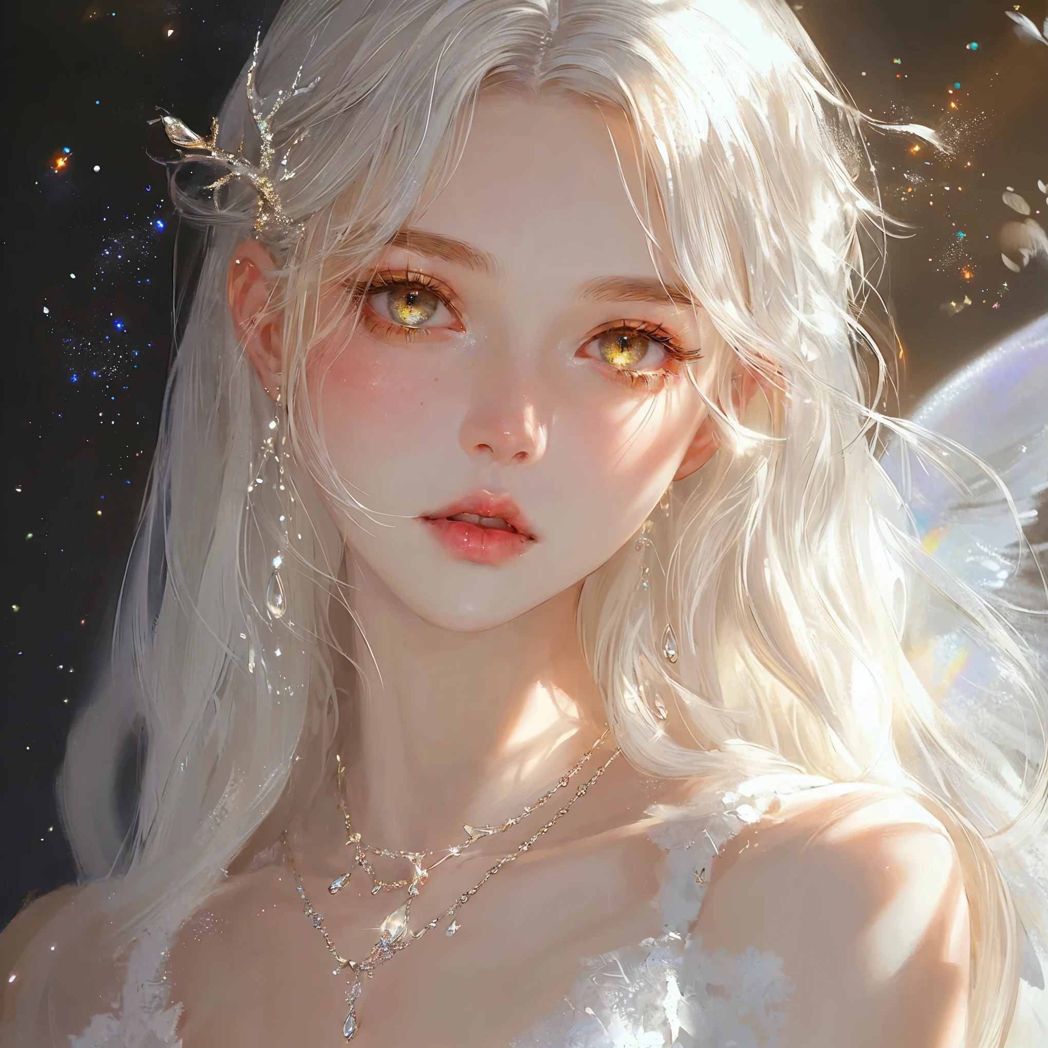 1girl, solo, beautiful detailed eyes, beautifully detailed lips, pale skin, delicate features, porcelain-like complexion, elegant pose, graceful posture, ethereal beauty, light atmosphere, soft and subtle lighting, delicate, fine brushstrokes, realistic rendering, vibrant colors, dreamlike ambiance, soft painting style, a sense of tranquility, a masterpiece capturing the essence of purity and grace, gorgeous breasts, cleavage, sexy, ((aesthetic soft painting background)), (Style by NTY), sexy, ((rainbow glowing specks on the skin)), ((wet skin)), mascara, eyelashes, glitter on her face, sexy lips, nice contrast, light particles, soft lighting, volumetric lighting, finely detailed, ((big breasts)), (((looking at the viewer))), extremely beautiful eyes, Extremely detailed eyes, light-colored eyes, post-Impressionist, rich gradient, extreme colors, extreme details, clear light perception, a fantasy or mythical character, elegant, anime-inspired, delicate features, long white hair, soft lighting, gentle shadows, pastel palette, graceful pose, refined attire, serene mood, romantic, ethereal atmosphere, detailed rendering, contemporary illustration style, subtle highlights, fantastical, ethereal figure, delicate features, blonde flowing hair, soft lighting, iridescent wings, antlers, glowing highlights, dark background, subtle color transitions, purples, blues, and soft golds, dreamy, mysterious atmosphere, fantasy-inspired style, enchanting mood, high-detail rendering, otherworldly beauty