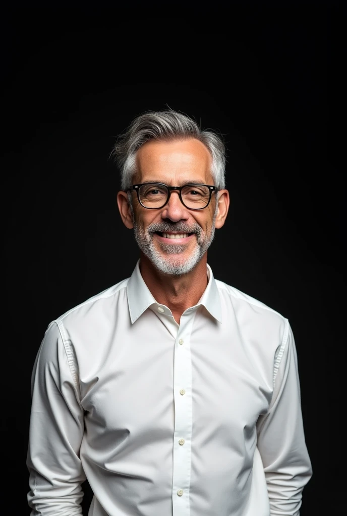 a cute, smiling gentleman with gray hair and stubble. He wears metal-framed glasses and is wearing a white long-sleeved dress shirt., buttoned up to the collar. The background of the image is completely black, further highlighting the figure of the man. He's facing the camera, with a friendly and welcoming expression