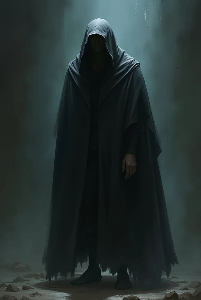 Arched man with a dark cloak covering his head, middle age with goat's foot