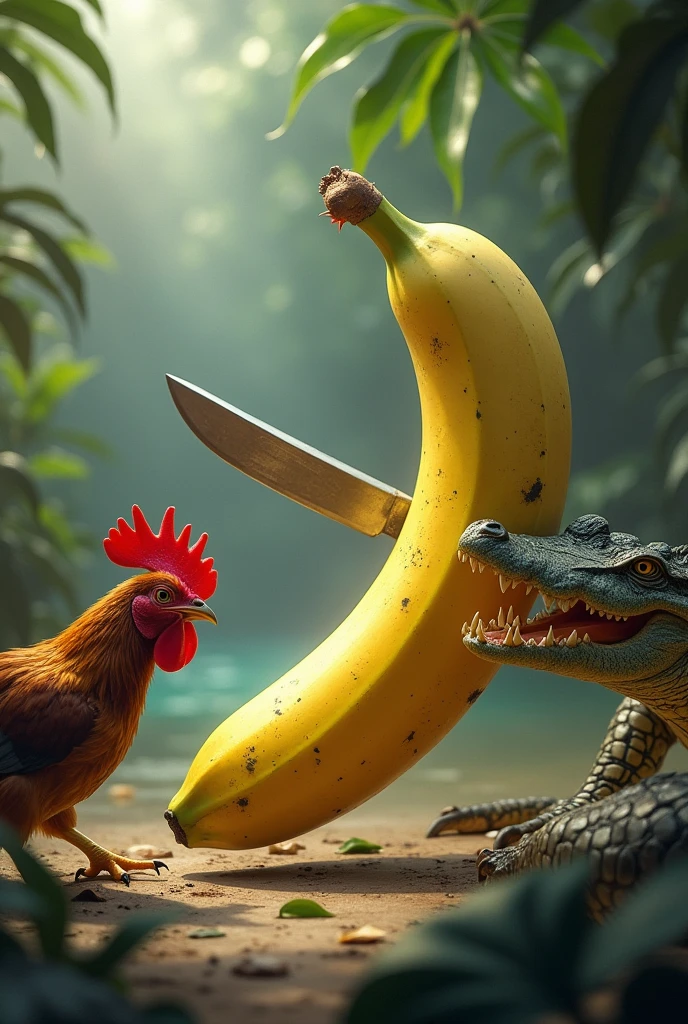 Un banane realiste qui combat une poulette avec une machette et des crocodile qui les regarde