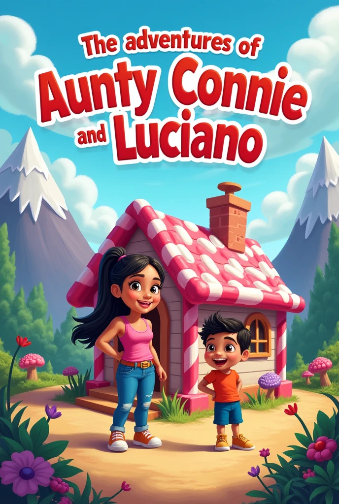 "Adventures of Aunty Connie and Luciano: The Candy Shack", cover of a childrens book, title across top: Adventures of Aunty Connie and Luciano, illustrated, fun, colorful, creative, ages 6-10, hispanic young woman and hispanic young mischievous boy infront of a cabin made of candy, in mountainous terrain, ready for a fun filled adventure into the unknown!