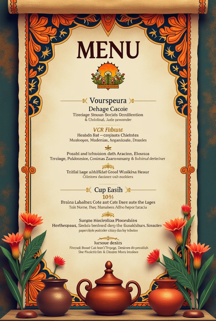 Internal design for a gourmet restaurant menu with a pre-Hispanic aesthetic in Colombia