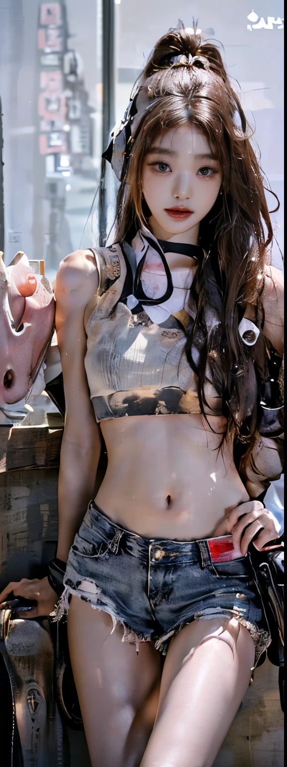 (Highest quality,Ultra HD,Real: 1.4)(Cowboy Shooter 1),Beautiful girl,Detailed face,Opposition,Perfect Anatomy,Smooth Skin,Professional Lighting, ((Wearing a pink tube top that shows her belly,White ultra short mini skirt,White sneakers,Raised ponytail,High-tech headphones,soaking wet all over the body),(((Target your audience,Target your audience,Possession of a pistol,Pistol))),Full body close-up,Victory in battle,Victory smile(background,conference room) ) ,(turn the whole body forward:1.2),(Slim figure:1.3),(Sexy long legs:1.3),(Sexy thin legs:1.3),Long hands,Thin hands,Small Ass,セクシーな超Thin thighs,tall,Narrow waist,((Height 173cm:1.3)),Slim model body shape,(Slim and muscular athletics body type:1.3),(Slim yet muscular legs),(Thin thighs),(long thighs),(((High skin exposure))),((Sexy bare legs)),((He looks just like WONYOUNG from the Korean idol group IVE.:1.8)),18-year-old girl,((Anatomically correct))